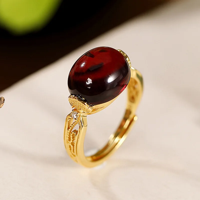 

S925 sterling silver gold-plated natural blood amber ring simple personality hollow ladies open ring