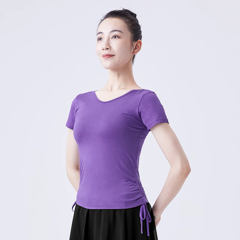 T-shirt à col rond pour femmes, haut de danse classique de Ballet, de Yoga, à manches courtes, pour adultes