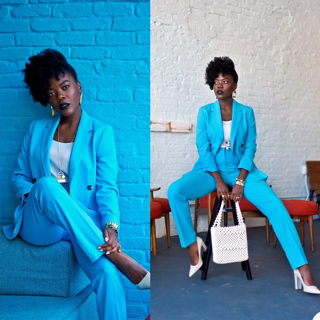 

Fashion Women's Blazer Solid Blue Casual Custom Made Jacket Pants Suit Streetwear Chic Photography 2 Piece Set