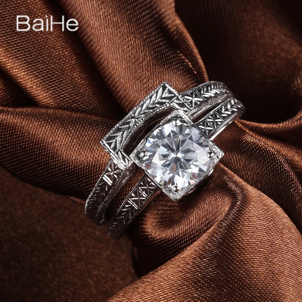 

BAIHE Solid 14K White Gold Cubic Zirconia rings for women men Set Ring Wedding Band Engagement Trendy Fine Jewelry anillos mujer