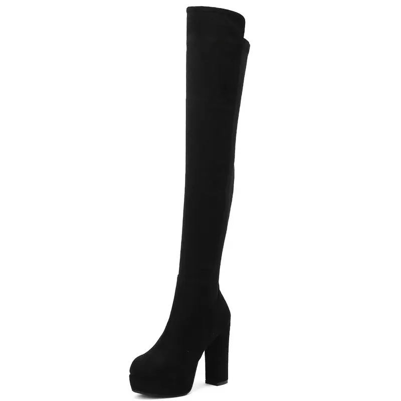 2021 Women Over the Knee Boots Platform Square High Heel Ladies Stretch Boots Faux Suede Autumn Winter Women Thigh Boots Black