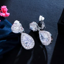 ThreeGraces No Piercing Shiny Cubic Zirconia Water Drop Non Pierced Hole Ear Clip On Earrings Women Wedding Party Jewelry EJ0026