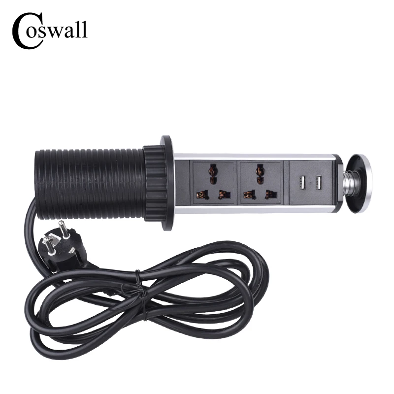 COSWALL PULL POP UP 2 Universal Power Socket 2 USB Charging Port Kitchen Table Sockets Retractable Countertops Worktop EU Plug