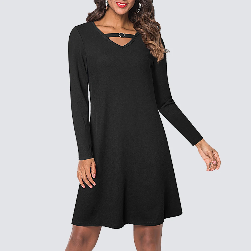 Spring Women Casual Solid Black Color with Long Sleeve Swing Straight Loose Dress 1HT024