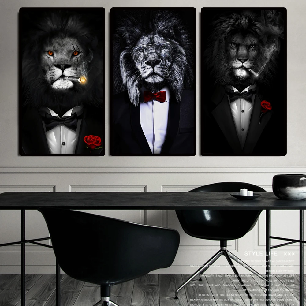 

Funny Animal Black White Lion In Suit Canvas Art Posters And Prints Abstract Animals Canvas Paintings On the Wall Art Pictures