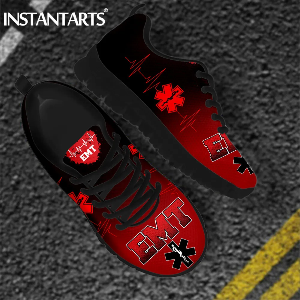 INSTANTARTS Red Gradient Paramedic Heartbeat EMT EMS Print Spring/Autumn Nurse Shoes Design Mesh Sneaker Ladies Flats Footwear