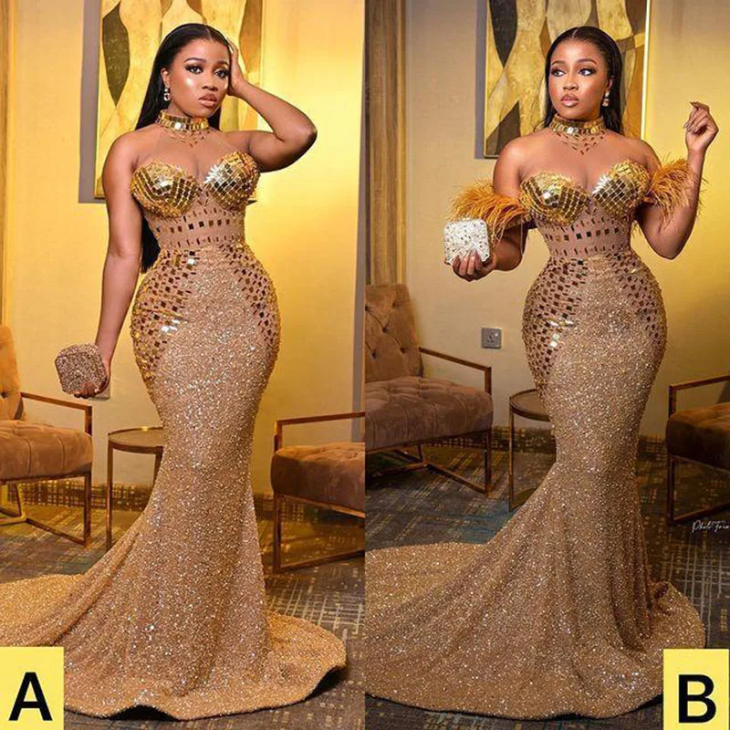 Saudi Arabia Gold Mermaid Prom Dresses Sheer High Neck Beaded Feather Off The Shoulder Evening Gowns Aso Ebi Formal Party Dress