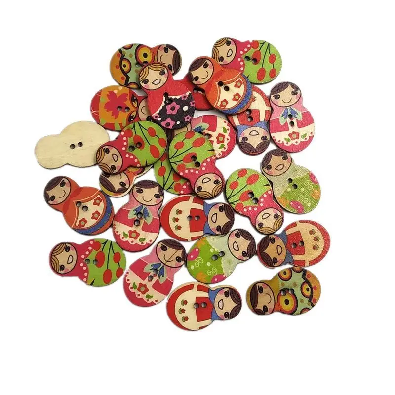 50pcs/lot Mixed Colors Wooden Buttons for Crafts Scrapbooking Accessories Matryoshka Design Fashion Vintage Buttons for Clothing