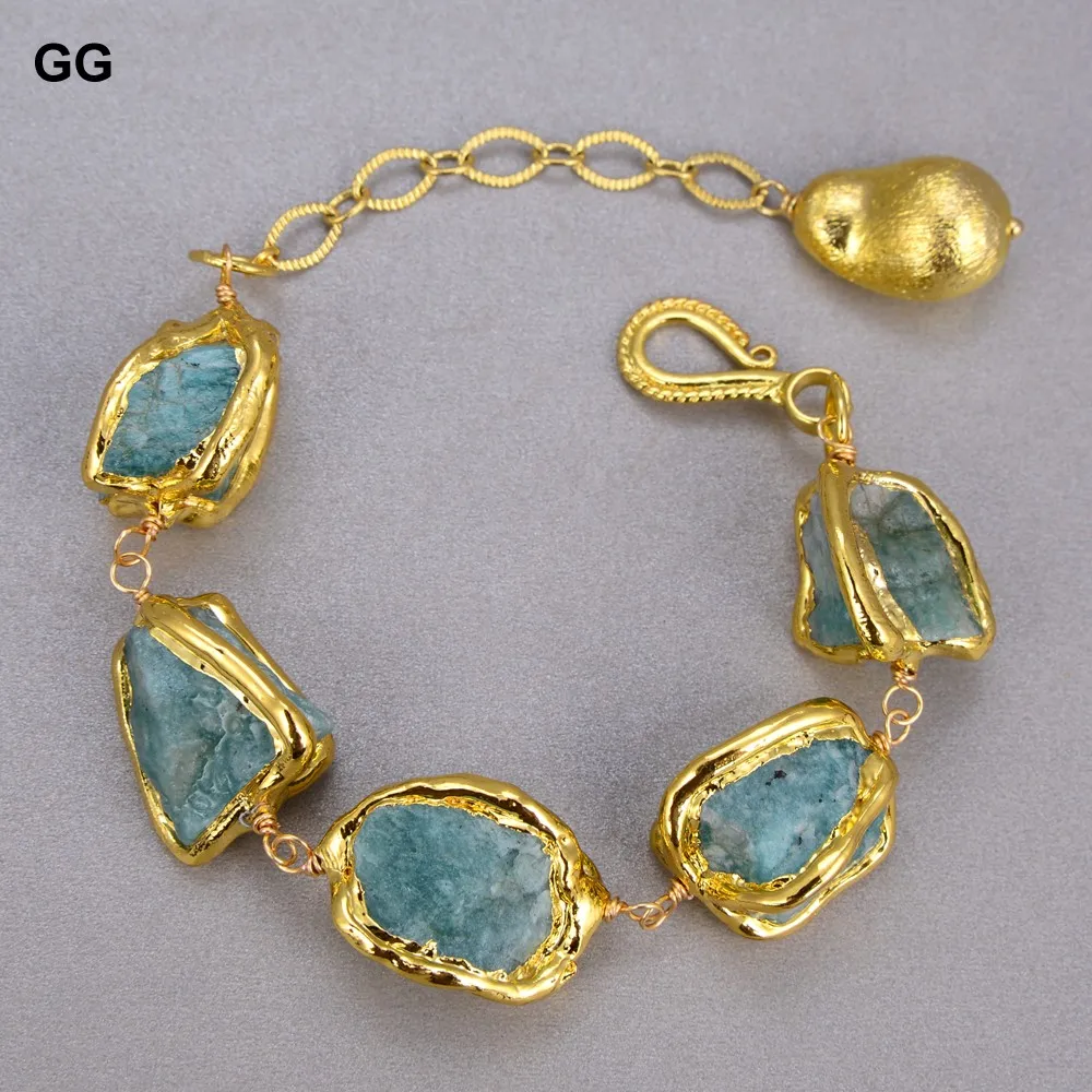 GuaiGuai Jewelry Natural Blue Amazonites Rough Nugget With Electroplated Edge Bracelet Dangle Hook Earrings Sets For Women