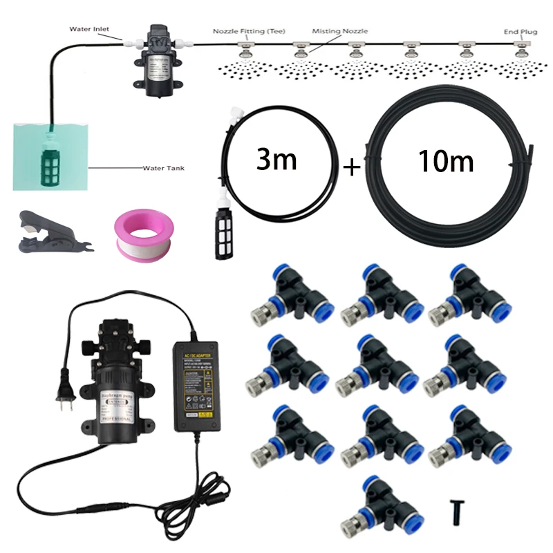 DIY Water Mist Spray Electric Diaphragm Pump Kit Garden Greenhouse Misting Cooling System 10M 10PCS Fog Nozzles Gardening Tools