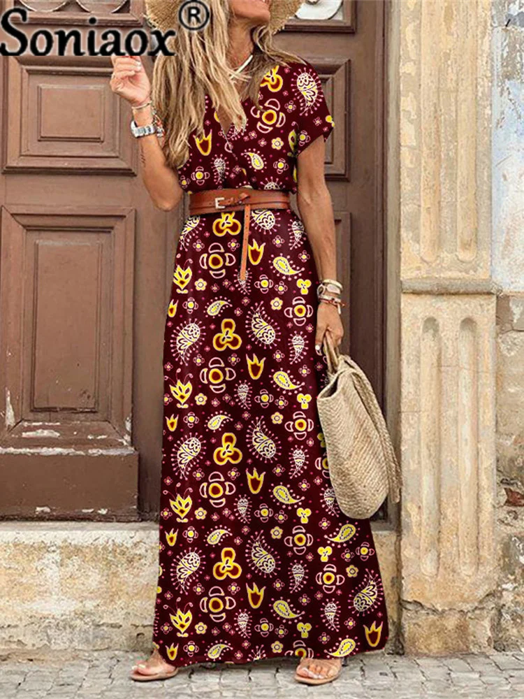 Moda boho vestido longo para senhoras v pescoço manga curta paisley impressão cinto grande hem praia maxi vestido elegante vestido feminino 2021