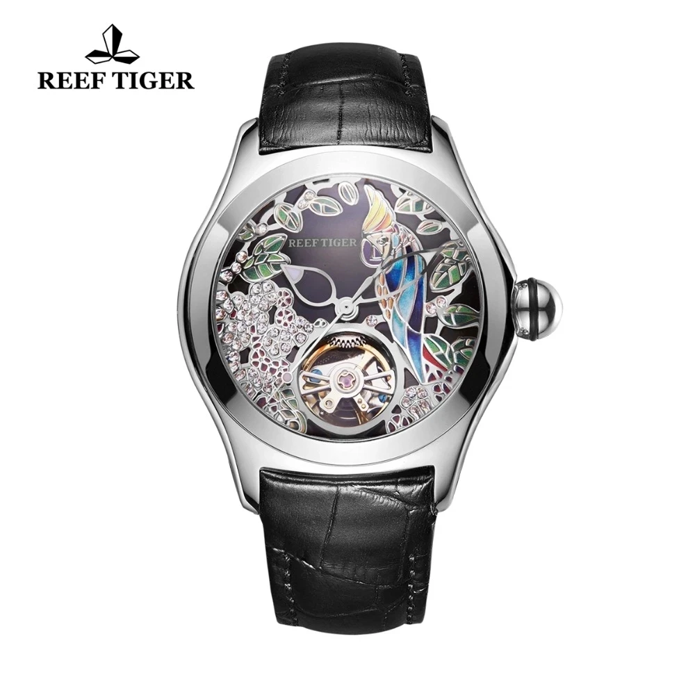 Reef tigre/rt 2021 marca superior moda tourbillon relógios femininos pulseira de couro à prova dwaterproof água relógios mecânicos automáticos