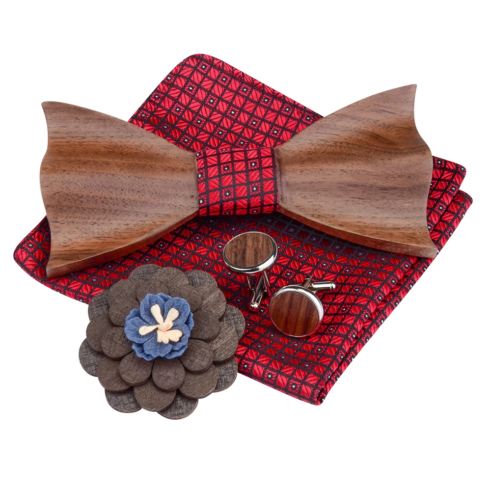 Red Plaid Wooden Bow Tie Handkerchief Brooch Cufflink Set Fashion 3D Wood Box Bowtie Pocket Square For Men Wedding Party Gifts