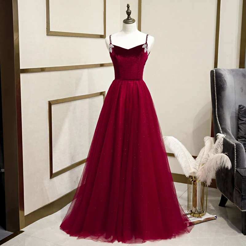 

Burgundy Square Collar Evening Dress Simple Spaghetti Strap Floor-Length Simple A-Line Fashion Party Formal Dresses Woman B1229