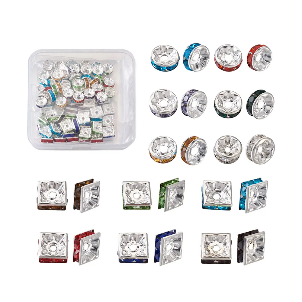 100pcs/Box 8mm Silver Color Square Rondelle Rhinestone Spacer Beads For Jewelry Making DIY Bracelet Necklace Accessories Supplie