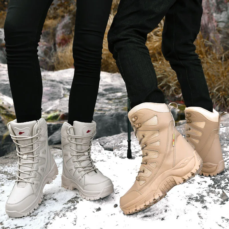 Beige Winter Outdoor Hiking Boots Couple Men Trekking Shoes Women Big Size 46 Hunting Boots For Men Mountain Climbing Sneaker