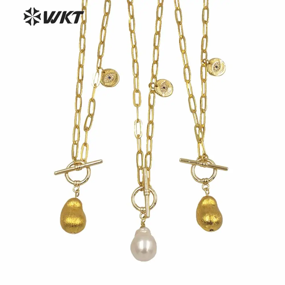 WT-JN129 High Quality Luxury Gold Eletroplated Brass Link Chain Baroque Peal Necklace Waterdrop Shape For Women Jewelry Gift