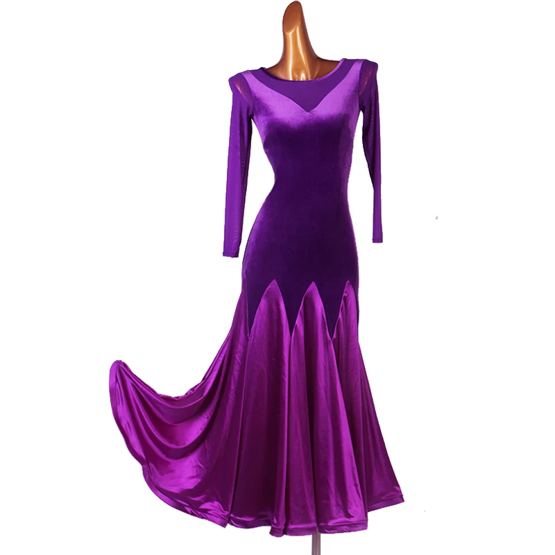 

Ballroom Dance Dresses Long Sleeve foxtrot Dancing Skirt Women Stage Waltz Ballroom Dress black velvet MQ104