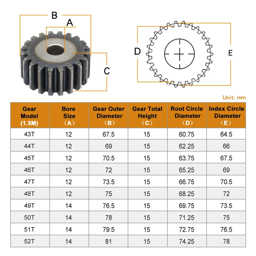 Cylindrical Gear 1.5M-43/44/45/46/47/48/49/50/51/52Teeth SC45# Carbon Steel Material Flat Gear High Frequency Quenching Teeth