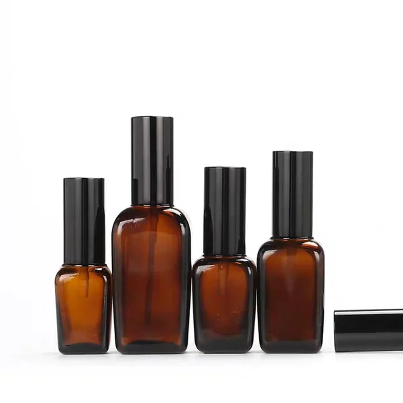 

15pcs Glass Bottle Square Amber Black 10ml-100ml Fine Mist Spray Refillable Essential Oil Vials Emulsion Lotion Pump Bottles