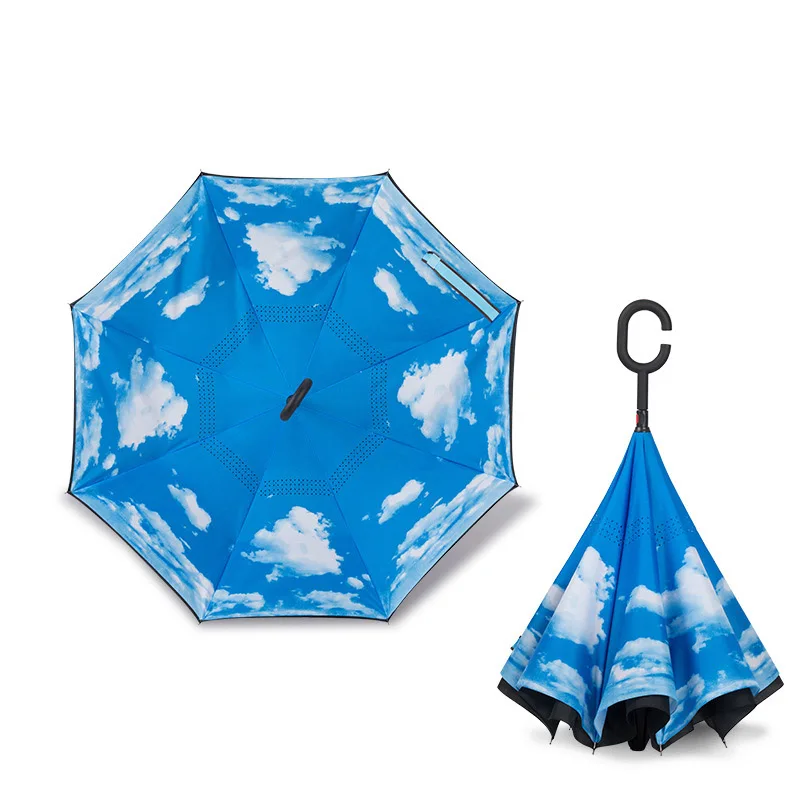 C Handle Windproof Reverse Folding Umbrella Man Women Sun Rain Car Inverted Umbrellas Double Layer Anti UV Self Stand Parapluie