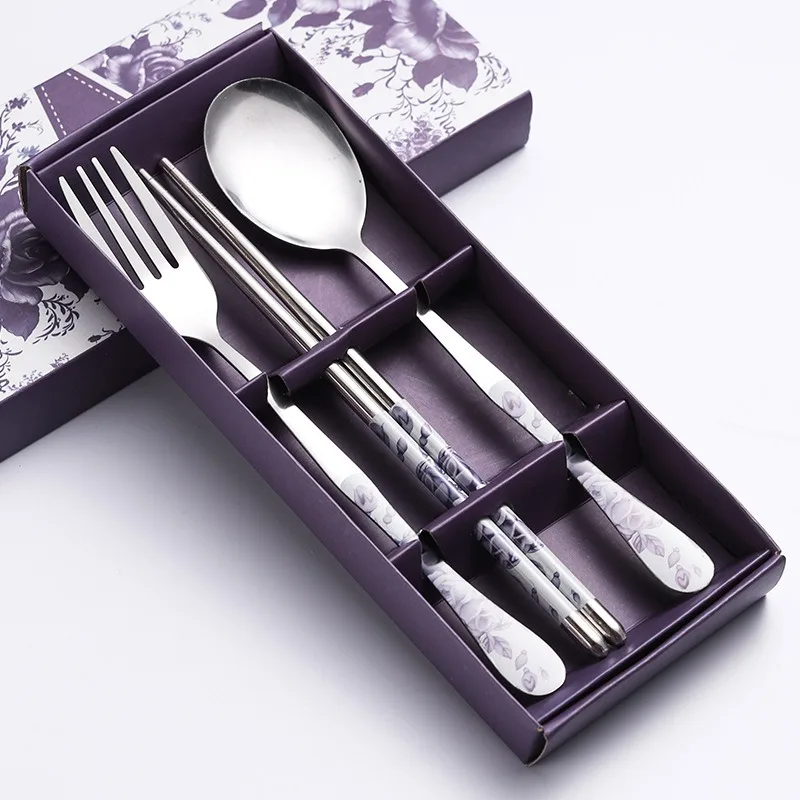 Chinese Style Creative Stainless Steel Tableware Gift Fork Spoon Chopsticks Flower Pattern Travel Portable Dinnerware 3PCs/Set