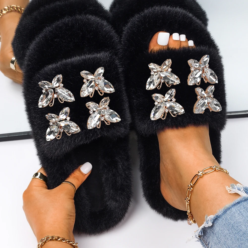 Winter Women Flat Slippers Faux Fur Female Shoes Bling Crystal Rhinestone Butterfly Indoor Slide Winter Casual Fluffy Flip Flops