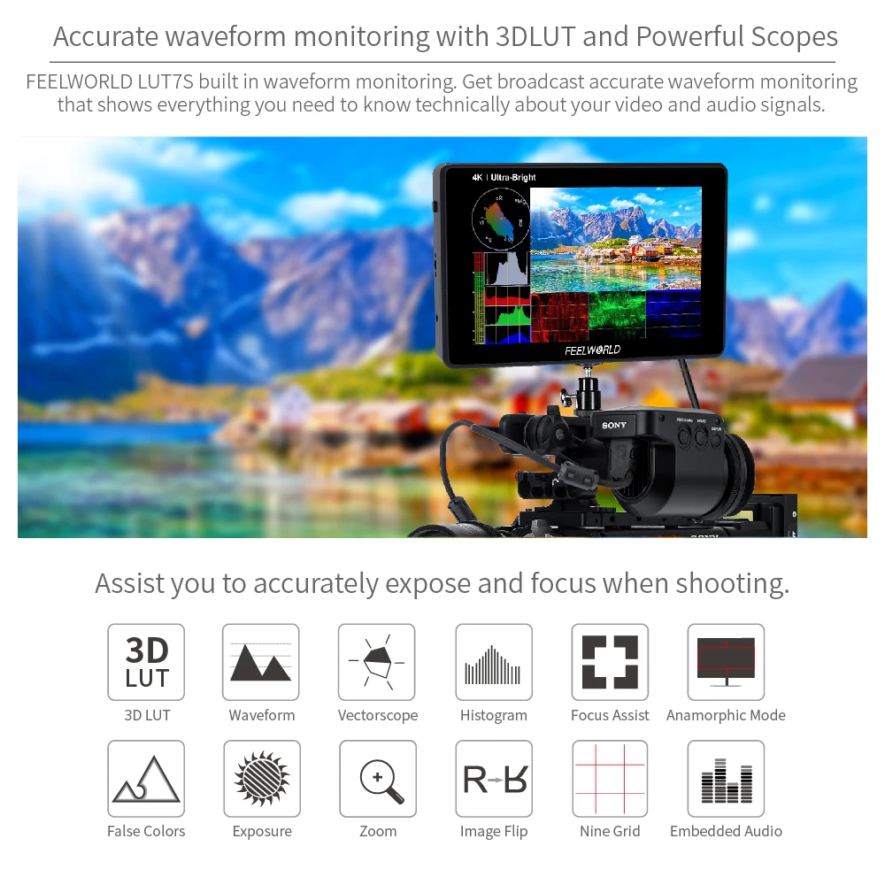 FEELWORLD 7 Inch 2200nit SDI HDMI Touch Screen DSLR Camera Field Monitor 3D Lut Waveform Automatic Light Sensor 1920x1200 LUT7S