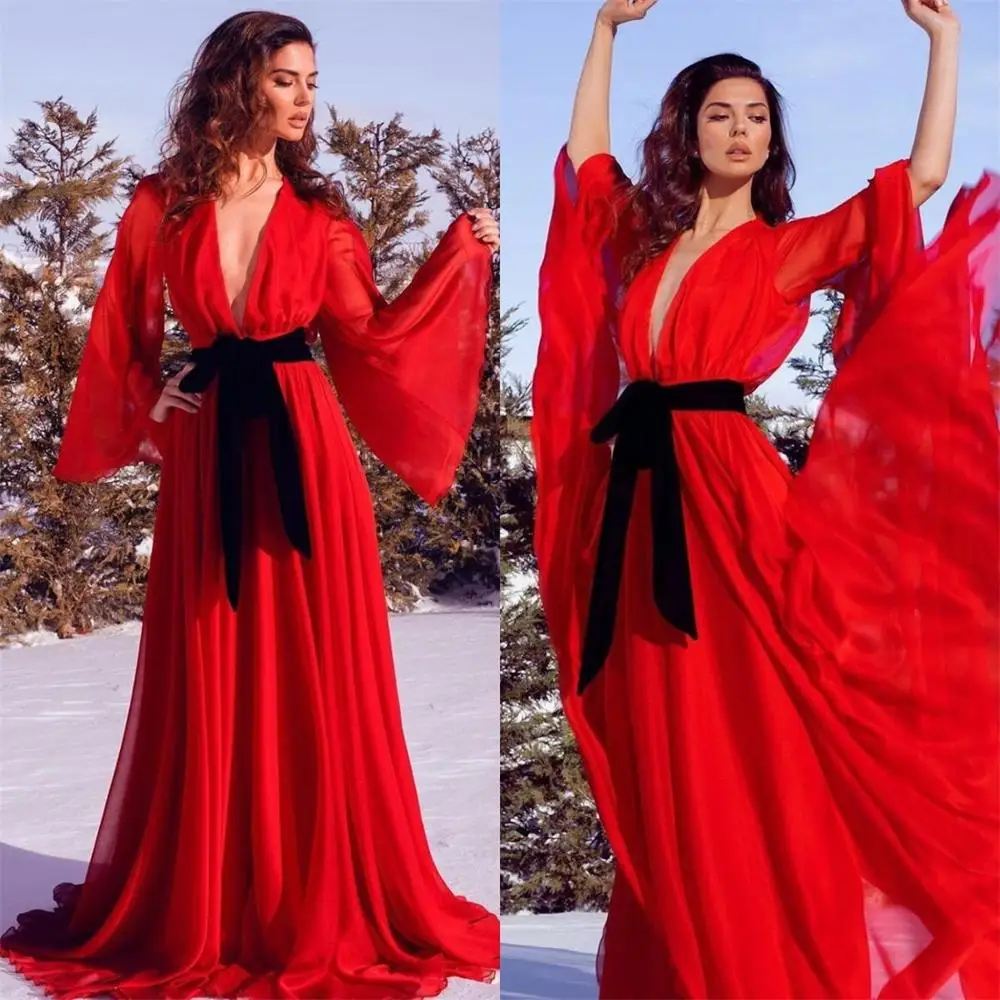 

Red Chiffon Maternity Women Dresses Prom Gowns V Neck Photo Shoot Lady Sleepwear Bathrobe Sheer Nightgown Bridesmaid Shawel