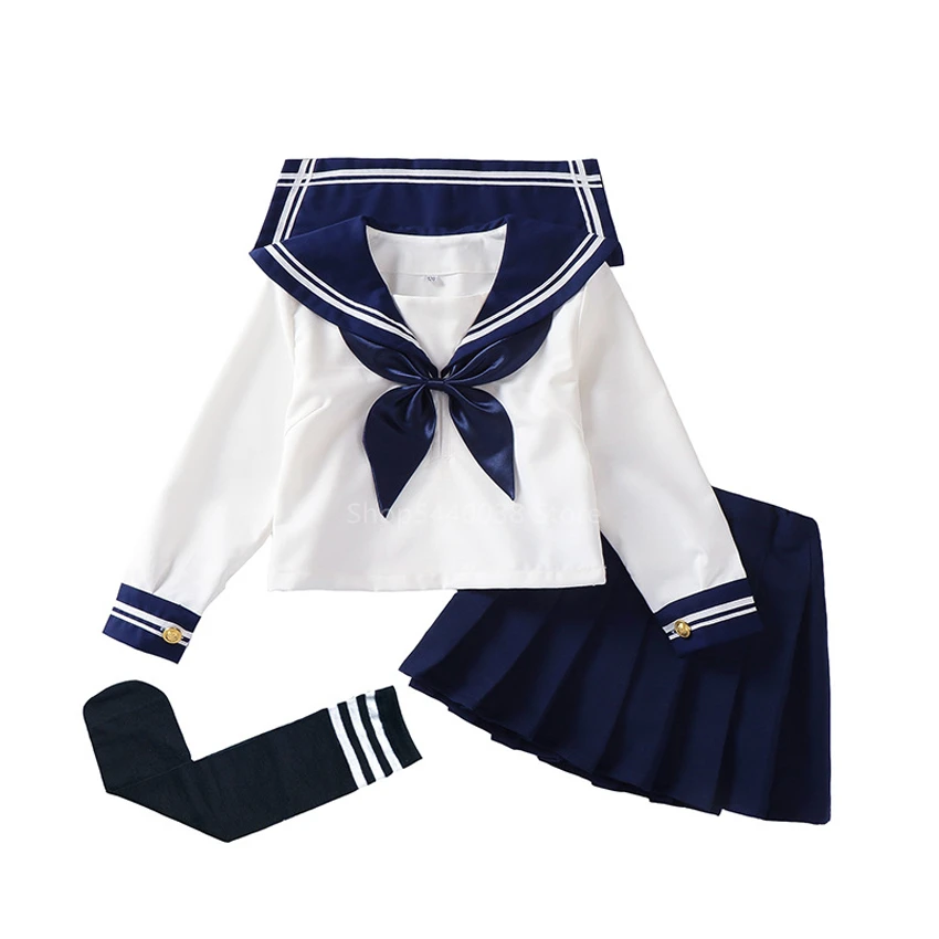 Kid School Uniform JK Sailor Dress 4PCS Girl Japanese Korean Orthodox Pleated Skirt Navy Long Short Sleeve Kawaii Suit Anime COS