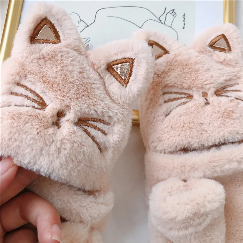 Women Winter Warm Plus Velvet Thicken Half Finger Flip Cycling Driving Gloves Cute Cat Fingerless Touch screen Mittens H10