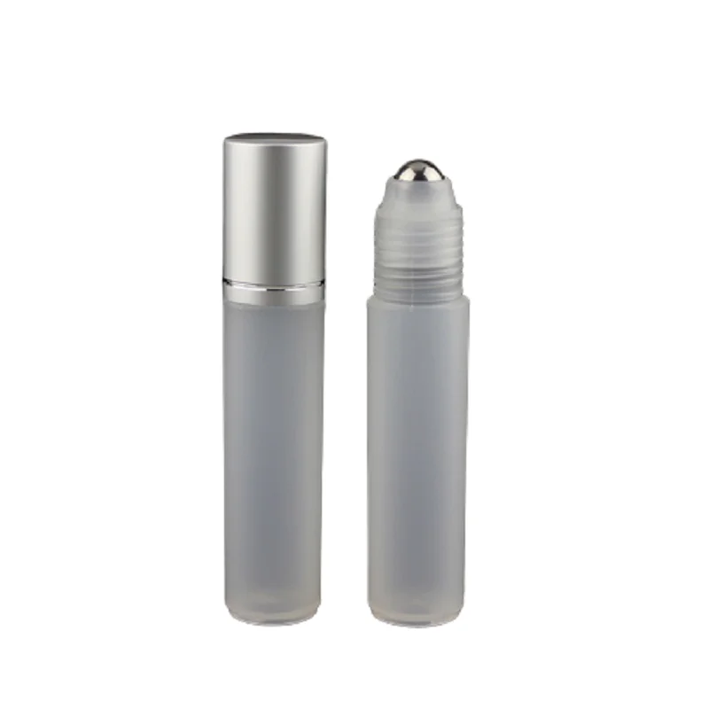 50pcs 10ML Roll on Bottle Silver Lid Steel Bead Ball Empty Perfume Cosmetic Packaging Matte Frost Plastic Roller Bottle