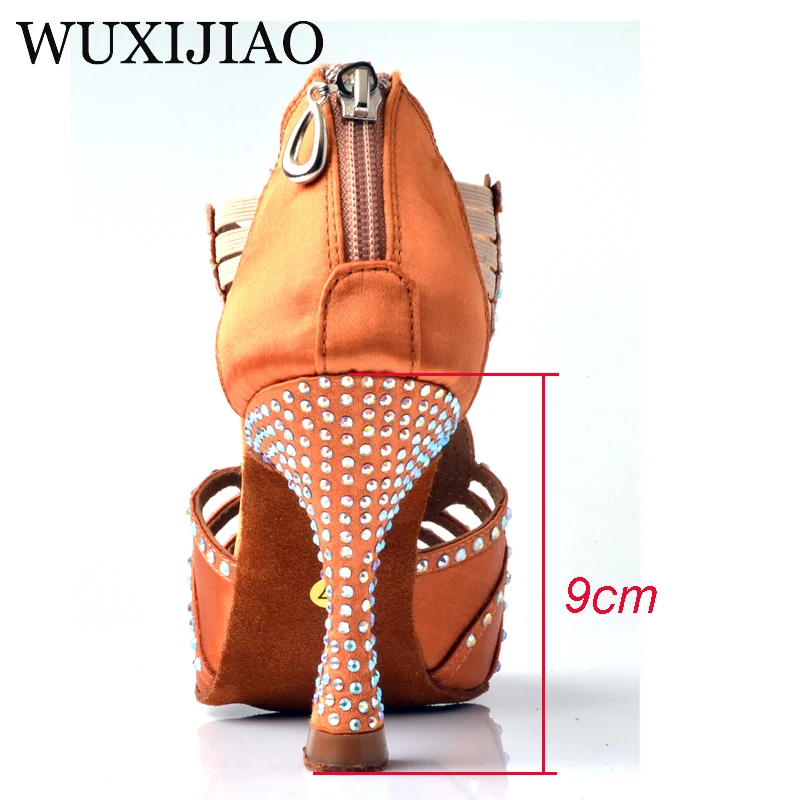 WUXIJIAO Diamond Silver Satin Latin dance shoes woman Salsa Party Rhinestones Ballroom dancing shoes Med heel 7cm zipper