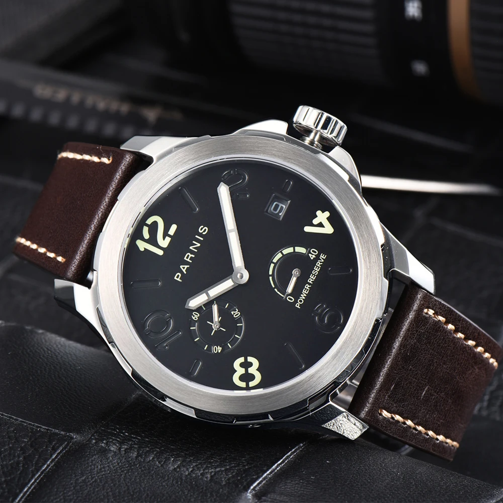 Parnis 44mm Automatic Watch Men Top Brand Luxury Silver Menchanical Leather Strap Luminous Auto Date Sapphire Crystal Watches