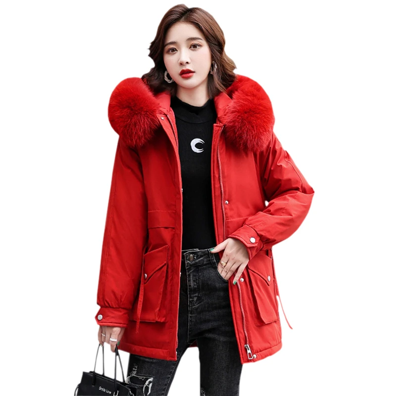 

Женские парки Модные толстые хлопковые стеганые куртки средней длины Новые зимние куртки 2021 года с большим меховым воротником Элегантные пальто Женская верхняя одежда