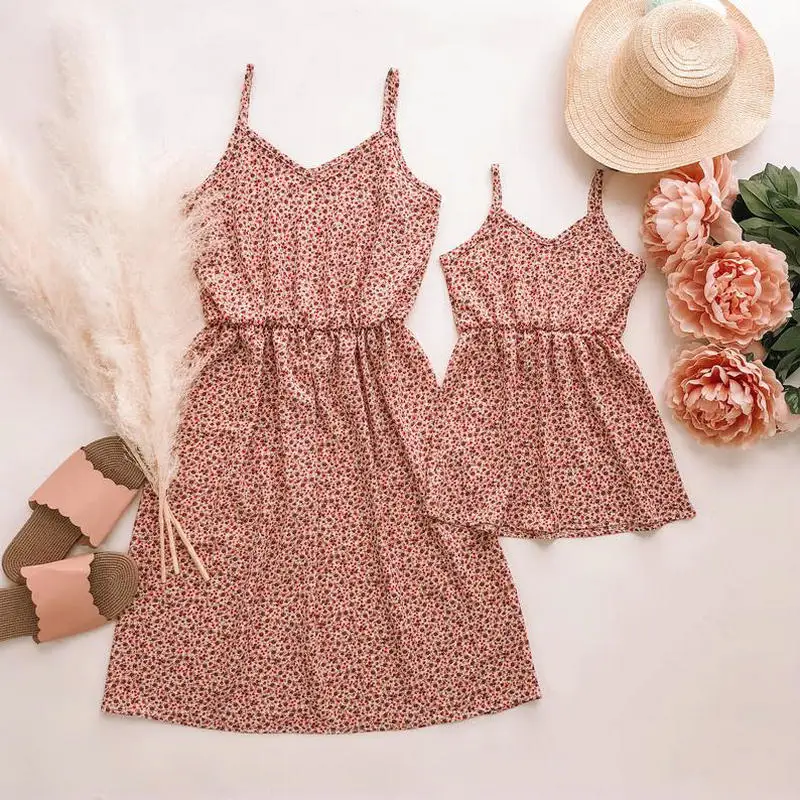 2023 Mother And Daughter Dress Clothes Sleeveless Floral Family Matching Outfits Mommy And Me Same Sets Mom Daughter Dresses