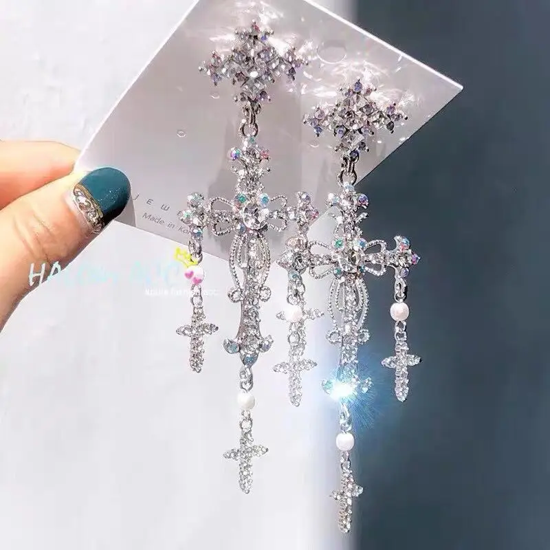 New Palace Style Silver Color Luxury Crystal Cross Dangle Earrings for Women Elegant Tassel Party Jewelry Gifts