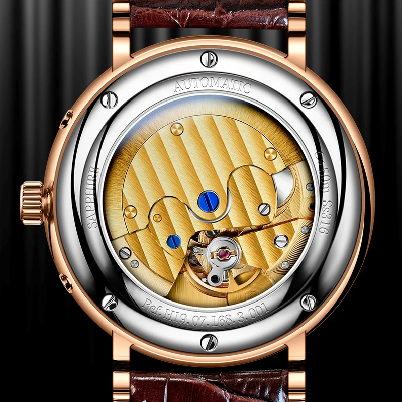 LOBINNI Moon Phase Seagull Movement Rose Gold Case Stainless Steel Strap Men Watch Luxury Automatic Self Wind Mechanical Watch