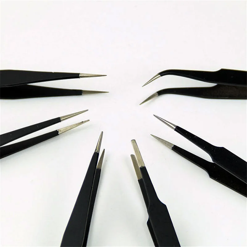 Pinzas antiestáticas de precisión de acero inoxidable, herramientas de reparación para electrónica, Punta curvada recta, ESD 10/15, 1,5mm