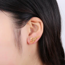 Goxijite Personalized Name Earring For Women Stainless Steel Custom Cursive Font Nameplate Stud Earring Friend Jewelry Gift