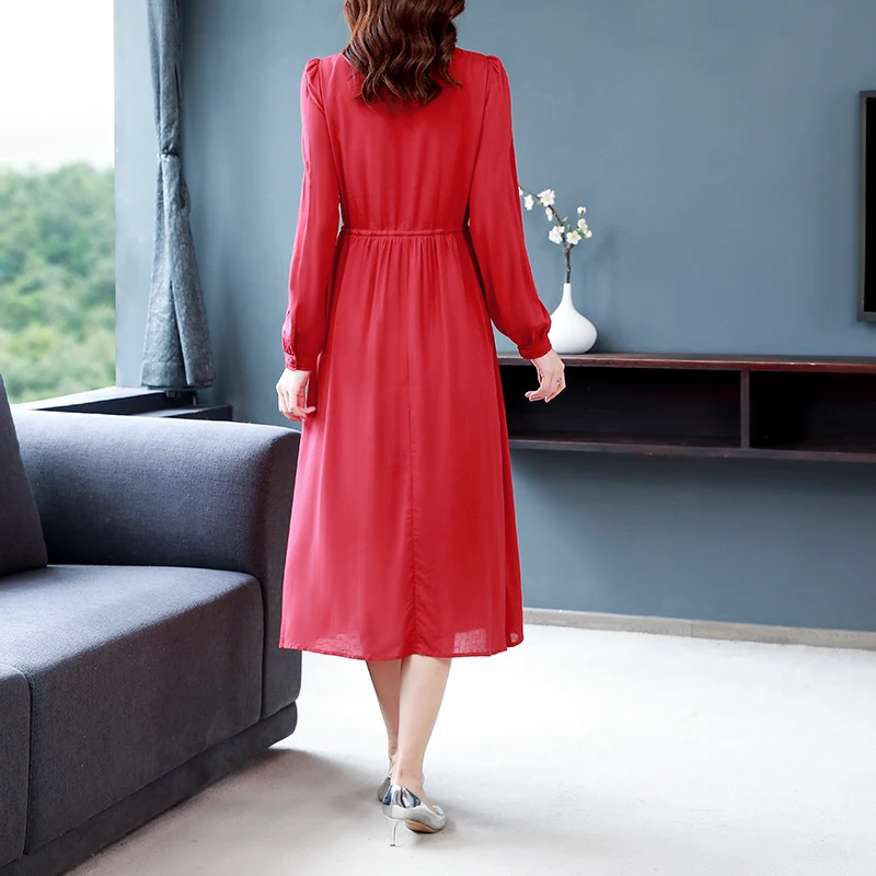 2024 Red Fashion Cotton and Linen Midi Dresses Women Korean Vintage Casual Long Sleeve Dress Autumn Winter Elegant Bodycon Dress