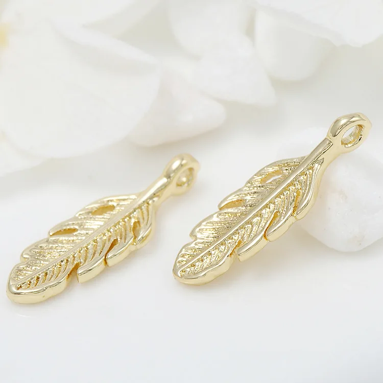 6PCS 15x5MM 14K Gold Color Brass Feather Charms Pendants Jewelry Making Supplies Diy Findings Accessories