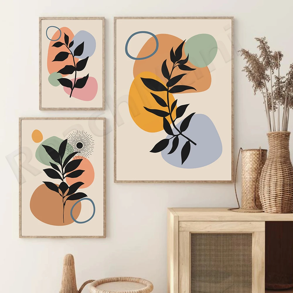 Abstract Botanical Print, Abstract Leaf Printable Wall Art, Mustard Blue Modern Gallery Wall Set, Geometric Prints