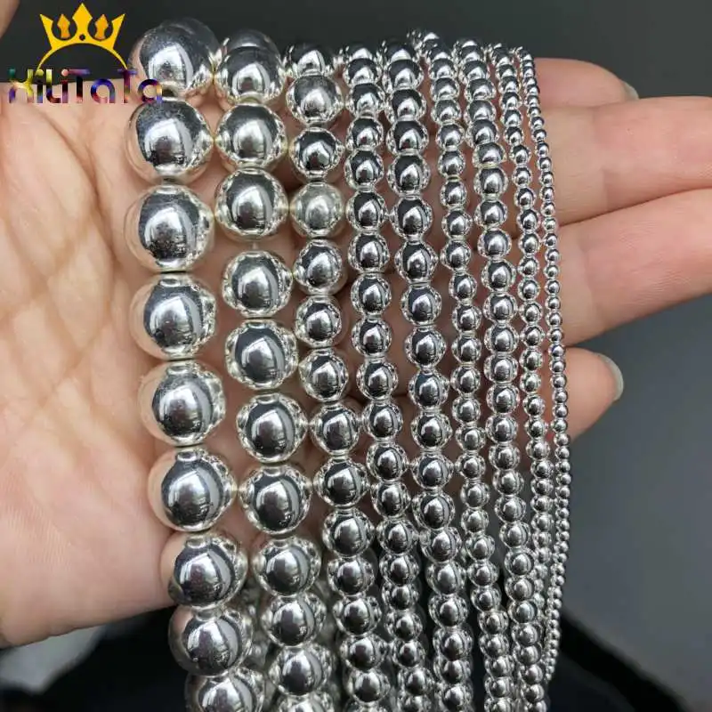 Natural Silver Plated Hematite Beads Round Loose Stone Beads For Jewelry Making DIY Bracelet Accessories 2/3/4/6/8/10/12mm 15''