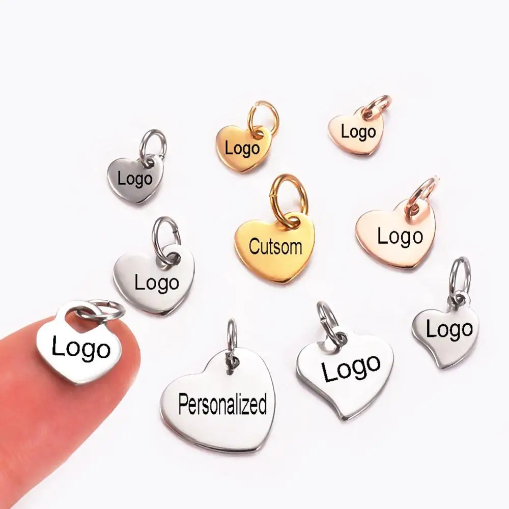 40pcs Personalized Custom Your Logo Engravable Heart Tags Makings Necklace Bracelet Charms Jewelry Stainless Steel DIY Findings