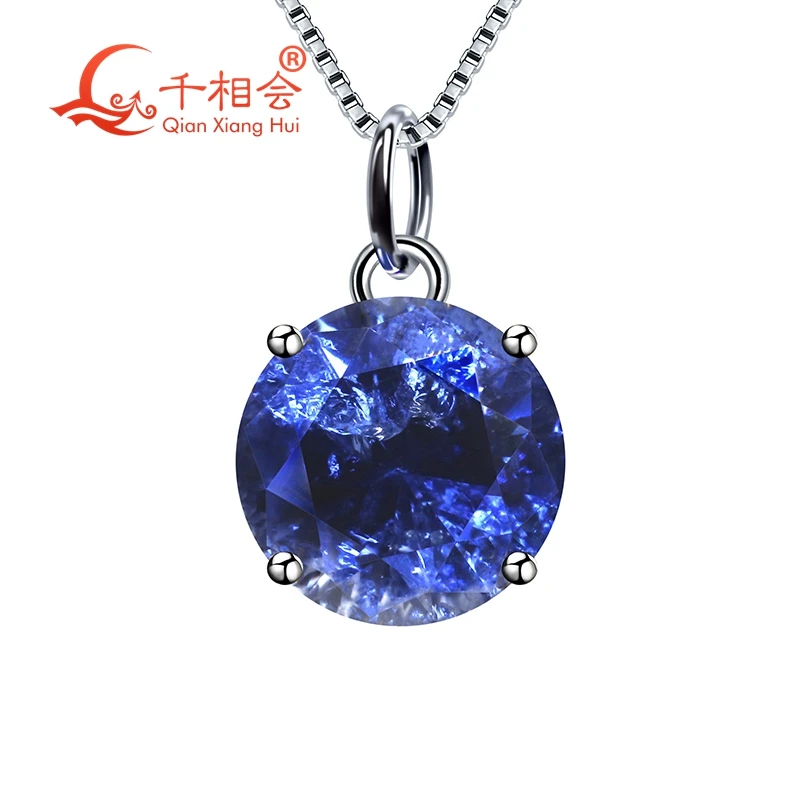 925 silver  round shape 9mm blue color Artificial sapphire with inclusions main stone Jewelry for Pendant Necklace