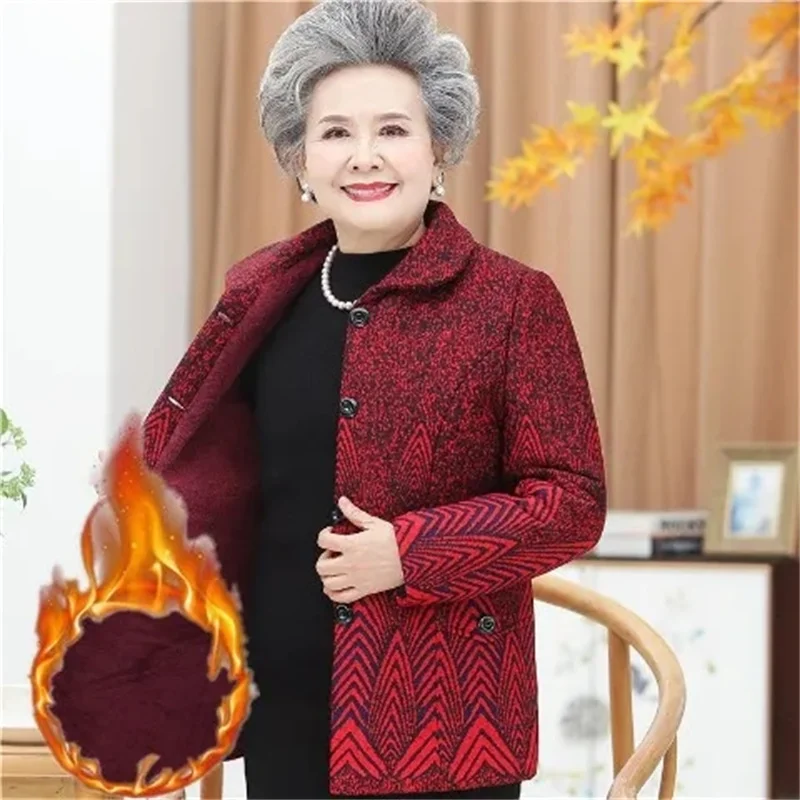 5XL Grandma\'s Autumn And Winter Clothes Velvet/No Velvet  Jacket Thick And Warm One-Piece/Suit Elderly Clothes Women Coat