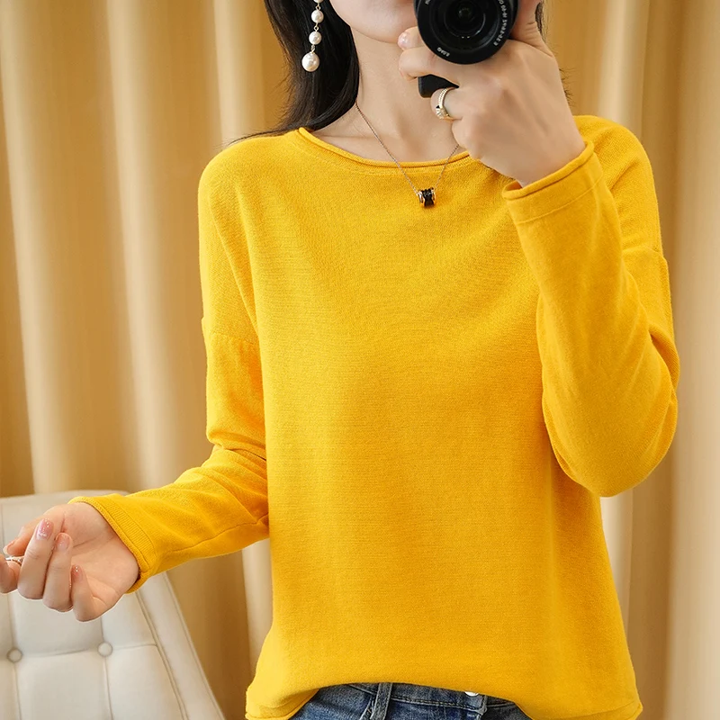 100% Cotton Women Knit Sweater Crimped Edge O-Neck Pullover Bottoming Pure Cotton Sweater Spring Autumn New Tops Clothes