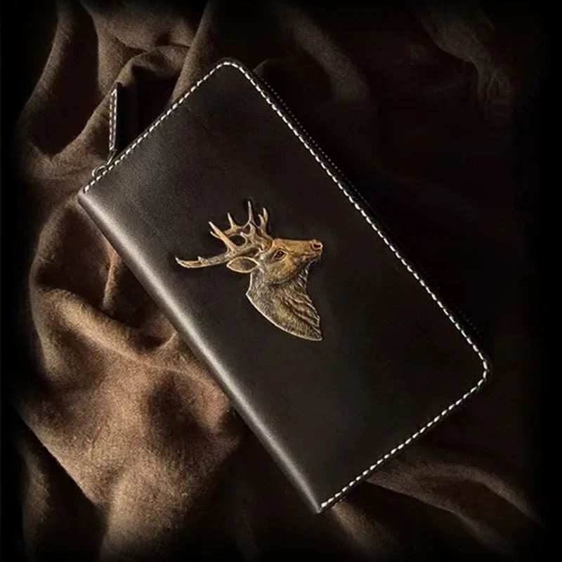 Handmade Lovers Wallets Carving Deer Head Purses Men Gentleman Clutch Vegetable Tanned Leather Women Wallet Card Holder