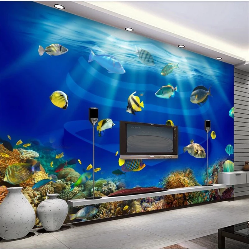 

wellyu Customized large wall painter marine world heart shaped fish tank tropical fish 3D stereo TV background wall